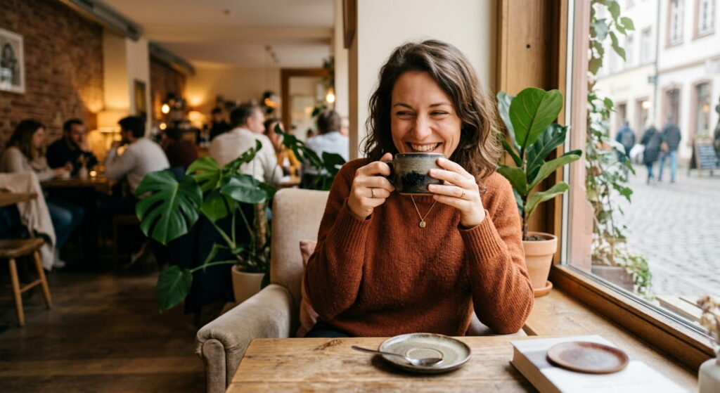 Glückliche Frau trinkt Kaffee kaffeerahmdeckel.de Sidebar